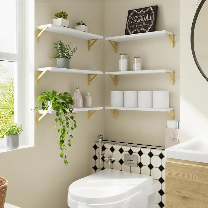 YGEOMER 23.6in Floating Shelves for Wall Home Decor, Wood, White, Set of 6 | Rustic wood shelves with metal brackets. Space-saving for books & decor. Works in bathroom, kitchen, living room & bedroom. - Image 6