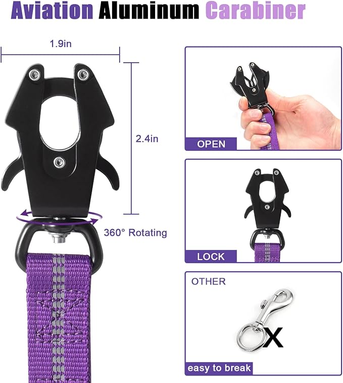 Raipult Tactical Shock Absorbing Bungee Dog Leash Heavy Duty, 4-6ft, Purple | for Large Dogs That Pull, Quick-Release Frog Clip, Dual Handles for Close Control, Car Seat Belt Clip, Reflective at Night - Image 2