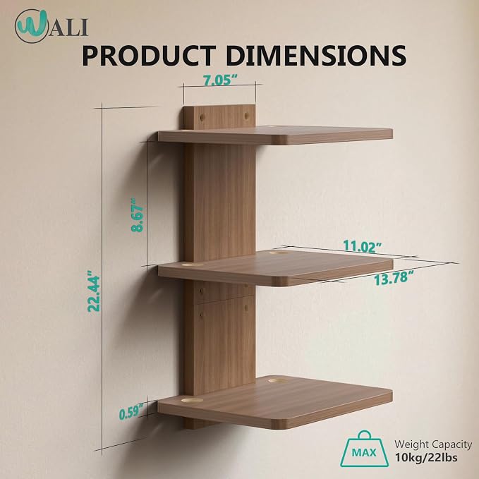 WALI Floating TV Shelf, 3 Tier Projector Shelf for DVD Players, Routers, Game Consoles, Cable Boxes, Living Room Decor Accessories, Wall Mount Shelves Holds Up to 22lbs (CS303N), 3-Shelf, Walnut Brown - Image 9