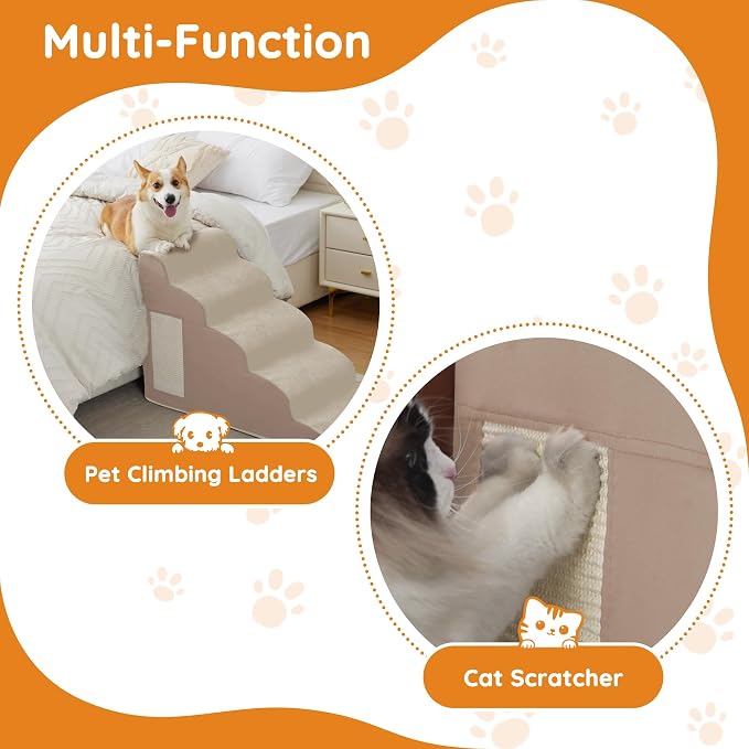 Dog Stairs for Small Dogs 22.6" H, Dog Ramp for Bed, 5-Step, Beige | Dog Steps for Bed, Couch, Pet Stairs with Non-Slip Bottom Design, Cat Scratching,High Density Foam Portable Pet Steps, Indoor - Image 5