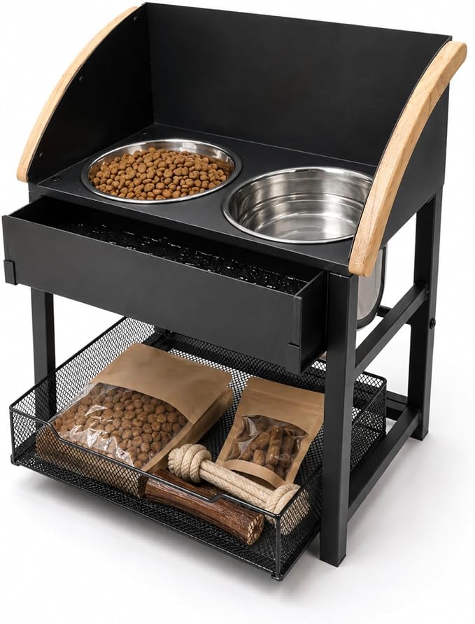Elevated Dog Bowls for Large Breed Dogs with Storage Basket, 13 Inch Tilted Raised Dog Bowl Stand with Stainless Steel Bowls, Metal Dog Feeding Station by Unknown