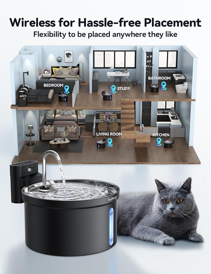 Wireless Cat Water Fountain [Water & Battery Separation] FEELNEEDY 4000mAh Battery Operated Cat Fountain, Cordless Pet Fountain with Motion Sensor for Cats Dogs-3.5L/118oz - Image 2