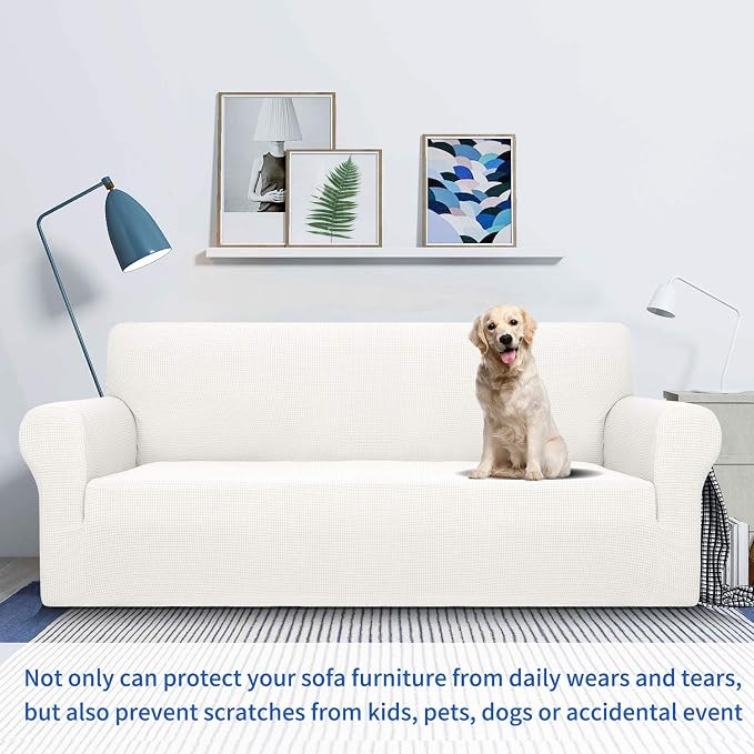 MAXIJIN Super Stretch Couch Cover for 3 Cushion Couch, 1-Piece Universal Sofa Covers Living Room Jacquard Spandex Furniture Protector Dogs Pet Friendly Fitted (Large, White) - Image 2