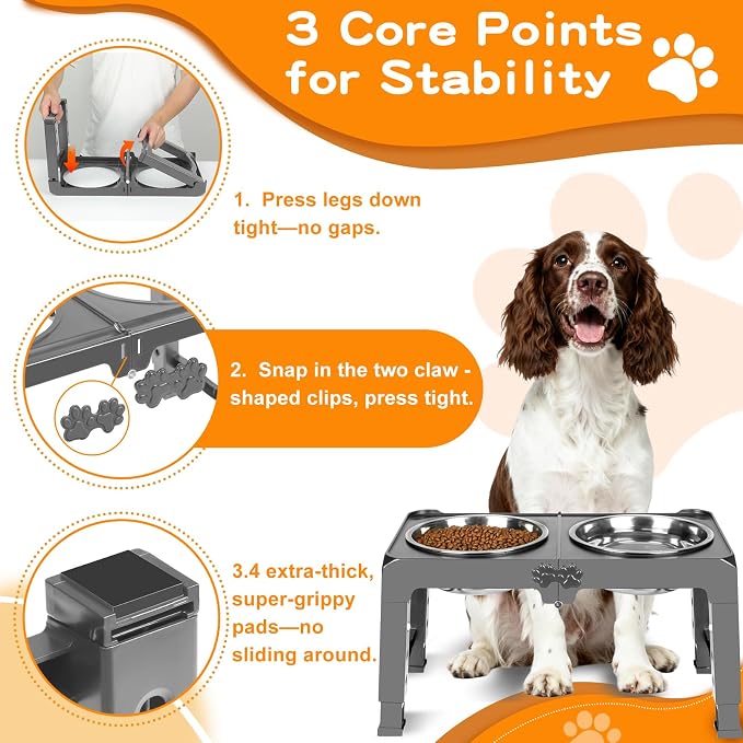 COMESOON Elevated Dog Bowls, 5 Adjustable Heights (3.9"-13.4") Raised Dogs Food Bowl Stand for Medium Large Sized Dogs, Non-Slip Foldable Travel Pet Feeder Grey with Stainless Steel Bowls - Image 5