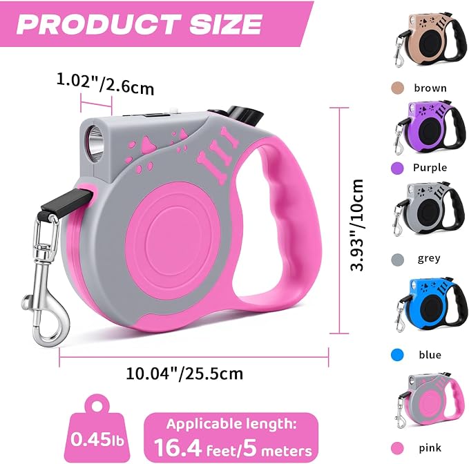 Retractable Dog Leash with USB Rechargeable Flashlight, Pink | 16FT Automatic Telescopic Tractor Dog Leash, Durable ABS Case and Comfort Grip, Designed for Small Medium Dogs Up to 30lbs - Image 3