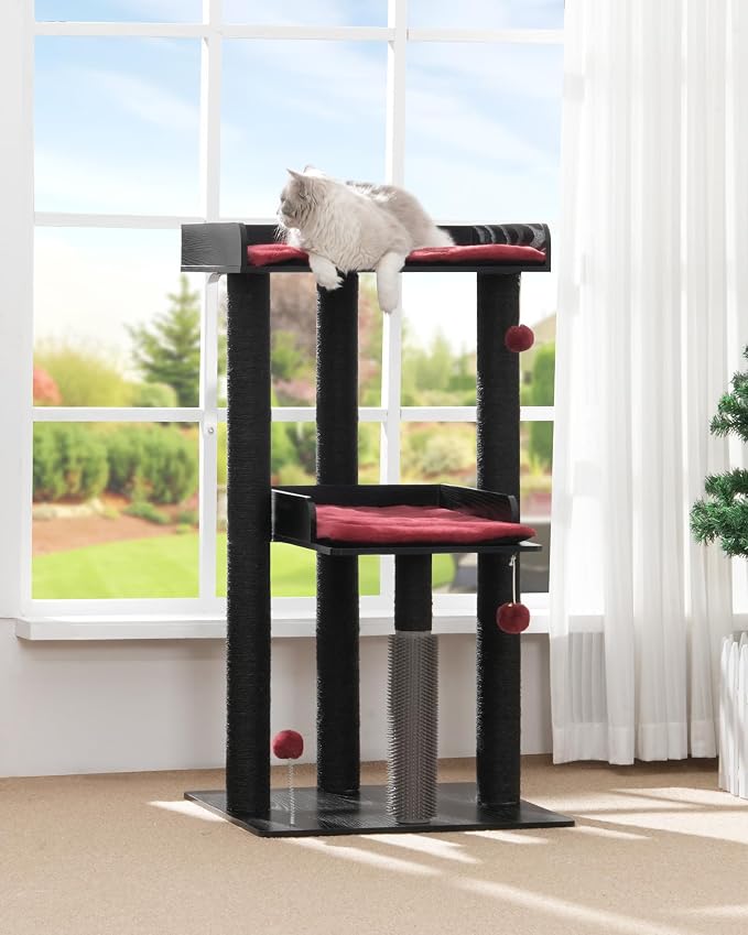 43.7" Modern Cat Tree, Cat Tower for Large Cats, Wood Cat Tree | Maine Coon Cat Tree, Cat Tower with Scratching Post, Large Perch and Removable Pads, Black&Red - Image 4