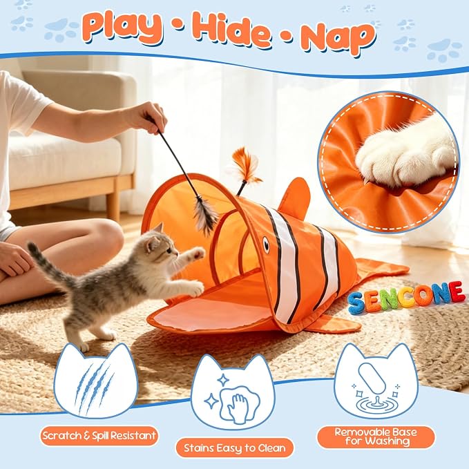 SENCONE Clownfish Cat Tunnel Toy Portable Hideout Nap Tube for Kittens | Play, exploration and hide-and-seek. Foldable for storage and travel. Indoor and occasional travel. - Image 3