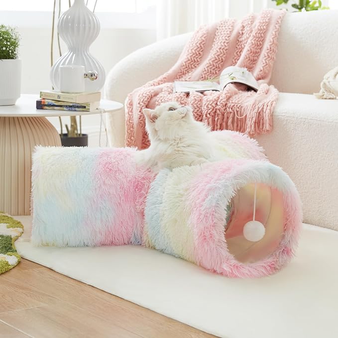 Tempcore Plush Pet Cat Tunnel Tube Cat Toys 3 Way Collapsible, Tunnels for Indoor Cats，Kitty Tunnel Bored Pet Toys Peek Hole Ball Puppy, Kitty, Kitten, Rabbit Rainbow - Image 6