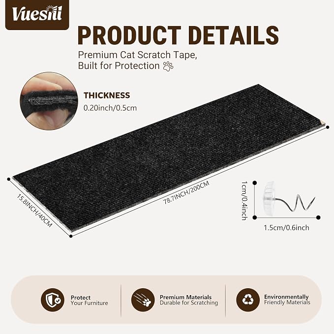 Cat Scratch Couch Furniture Protector,Trimmable Self-Adhesive Cats Claws Scratch Pads, Sisal DIY Climbing Couch Protector for Scratch Post Cat Tree Replacement Indoor(Black, 78.7"x15.8") - Image 2