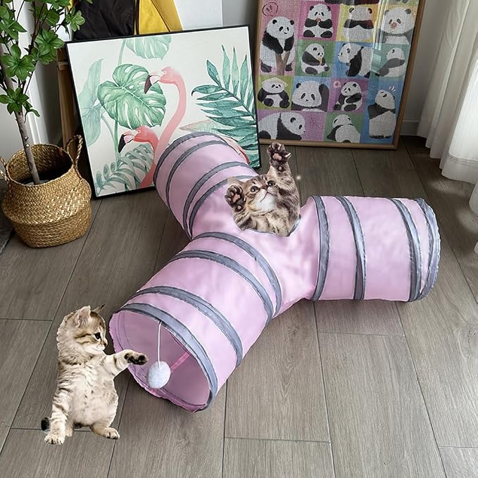 3-Way Collapsible Cat Tunnel Tube Toy Pink — Interactive Play Tunnel with Hanging Ball & Peek Hole for Indoor Cats, Kittens, Puppies & Rabbits | Hours of Fun & Exercise - Image 7