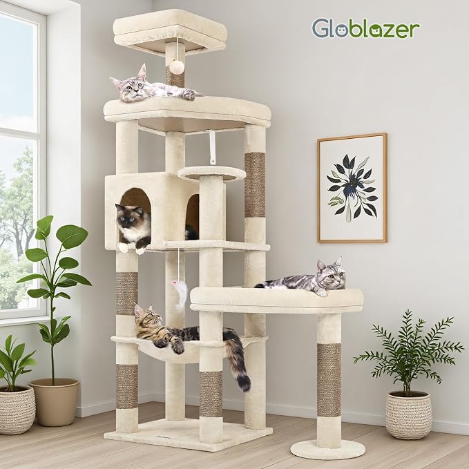 Globlazer Extra Large Platform Cat Tree, 65in Tall Sturdy Cat Tree for Indoor Cats Large Adult, Big Cat Tower for Big Cats with 3 Enlarged Perches, 6 Scratching Posts, Cat Condo, Hammock, S65, Beige - Image 8