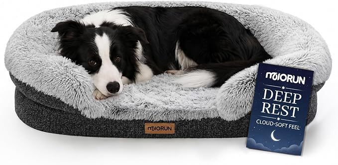 Miorun Fluffy Orthopedic Dog Beds Large Sized Dog, 40" Bolster Sofa Bed | Soft plush faux fur,lowered entry,washable cover,waterproof liner,claming dog couch for x-large dogs,supportive bolster by Miorun