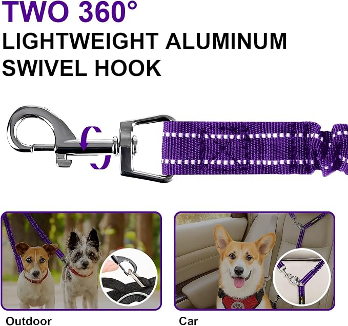 MingXpet 2 Dog Leash, Dog Leash for 2 Dogs, 360° Swivel No Tangle Double Walking Training Leashes for Large Dogs that Pull, Comfortable Shock Absorbing Reflective Bungee, Purple - Image 3