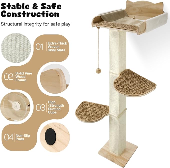 Solid Wood Cat Window Perch with 2 Jumping Platforms, Cat Hammock for Window with Scratching Post, Sisal Tall Cats Scratching Post with Large Perch, Wooden Cats Window Bed with 2 Suction Cups - Image 4