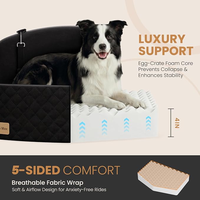 Dog Car Seat for Medium/Large Dogs, Pet Booster Car Bed up to 55lbs, Black | Dog Car Seat for 2 Small Dogs, Memory Foam Cushion, Detachable Washable Cover, 2 Safety Leashes, Non-Slip, Fits Back Seat - Image 4