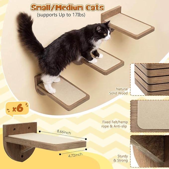 SiliFine Set of 6 Dark Brown Cat Wall Stairs, Climbing Steps, Cat Wall Shelves Perch with Fixtures and Felt 8.7"x4.7" Stairs Natural Birch Wooden | Floating Steps for Playing Climbing - Image 2