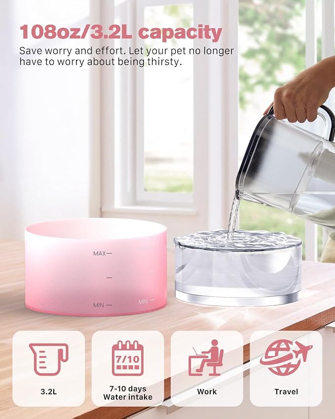 Pink Cat Water Fountain: Super Silent Cats Fountain | 108oz/3.2L Pet Water Fountains for Cats Indoor Faucet Cat Fountain for Cats and Dogs - Image 6