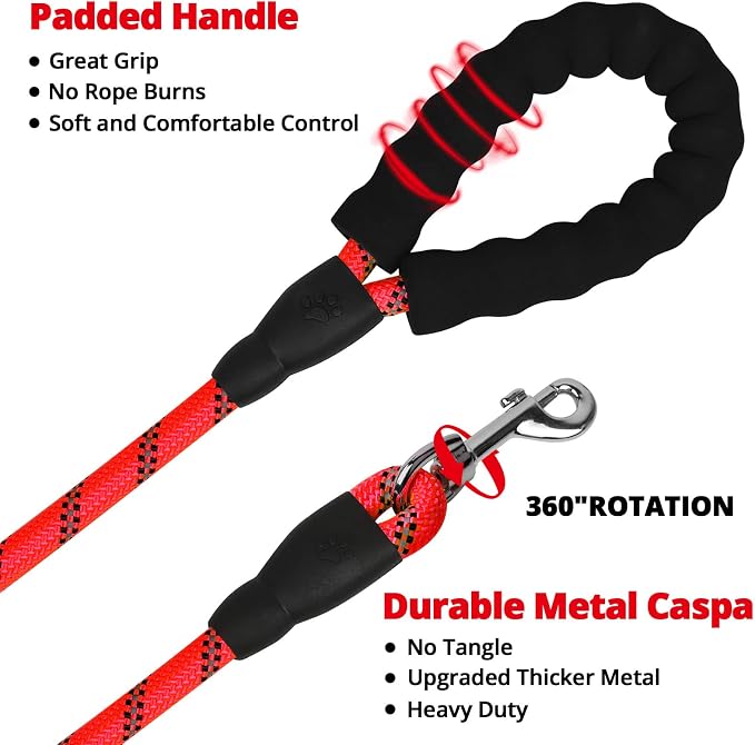 Long Dog Leash 30 FT: Heavy Duty Rope Leashes for Dogs Training with Swivel Lockable Hook Reflective Threads Bungee and Padded Handle - Dog Lead for Large Small Medium Dogs Outside Walking Hiking Red - Image 5