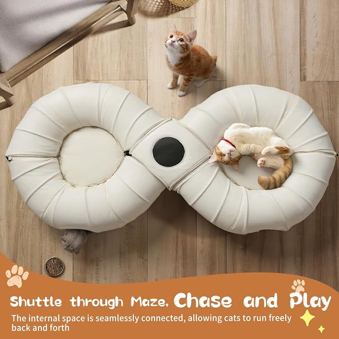 Pawaboo 2-in-1 Cat Tunnel Bed, 8-Shaped Cat Tunnels, Beige | Foldable Cats Cave Hideout Kitty Toys with Fluffy Balls, Donut Tunnel for Kitten Rabbit Ferret - Image 3