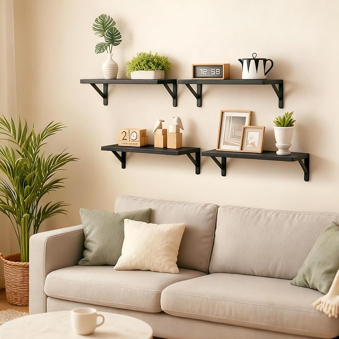Fixwal Wall Floating Shelves for Home Decor (Black, Set of 4, 16.5 Inch) | Wood Shelves, Natural Grain, 40Lb Capacity, Sturdy Triangle Brackets, Versatile for Any Room - Image 2