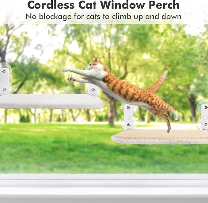 AMOSIJOY Cordless Cat Window Perch, Cat Hammock for Wall with 4 Strong Suction Cups, Solid Metal Frame and Reversible Cover, Foldable Cat Beds for Indoor Cats (Medium-White) - Image 7