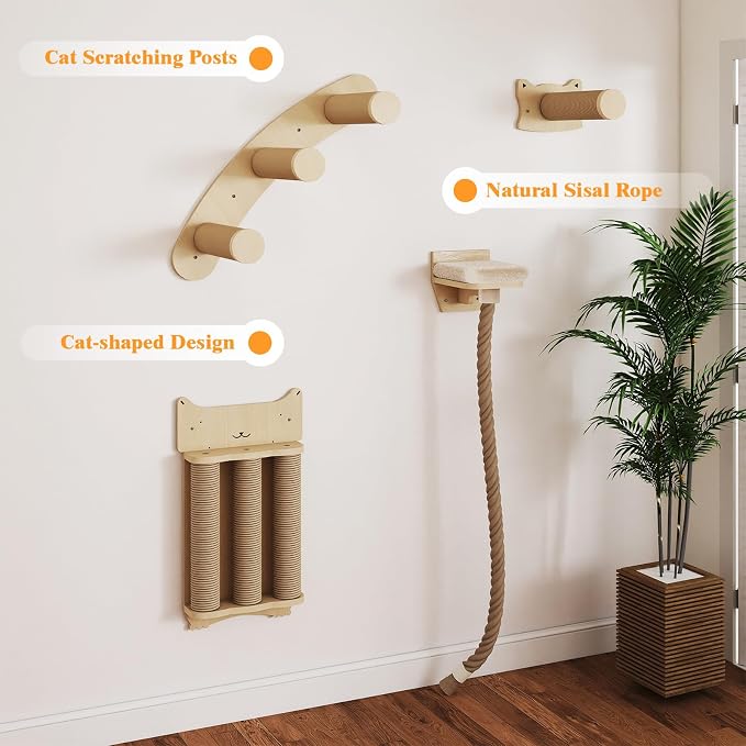 BYBYME 8 Pcs Cat Wall Climbing Set, Wood Cat Furniture with Scratching Posts, Kitten Perch, 100CM Sisal Rope & Cat Bed, Wall Mounted Cat Shelves for Sleeping, Playing & Relaxing（Natural Wood） - Image 5
