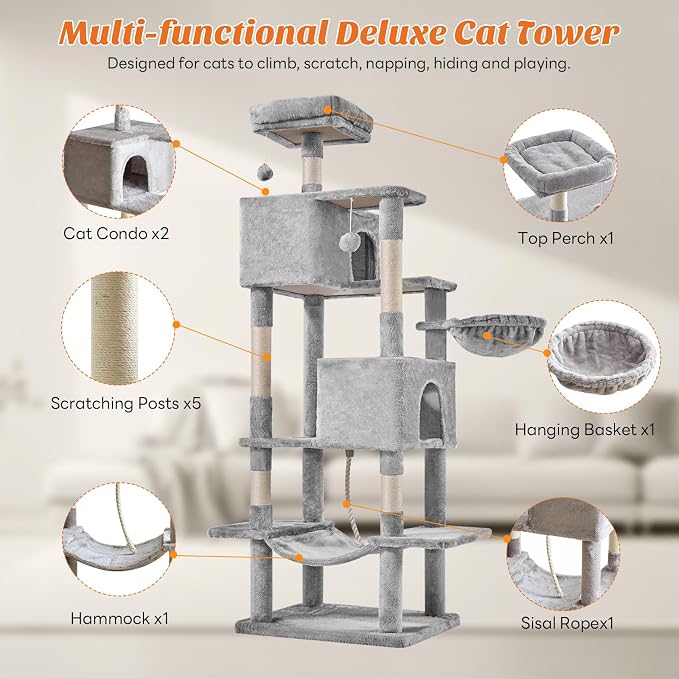 DUMOS Large 66 Inch Cat Tree Tower with Scratching Posts, Indoor Use | Tall Multi Level Cat Climbing Tower with Hammock, Pet Condo for Cats and Kittens Play, Light Gray - Image 4