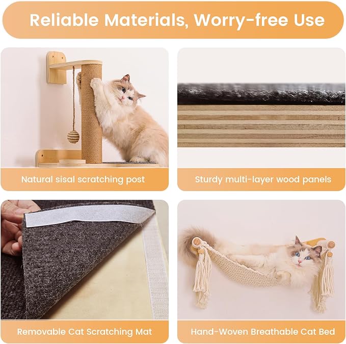 Cat Wall Shelves, Large Wall-Mounted 6-in-1 cat Furniture Set (Climbing Rope+Sisal Scratching Post+Macrame Resting Hammock+Interactive Toys Ball+Feeding Bowls Station+3 Wall Steps) for Indoor Kitties - Image 3