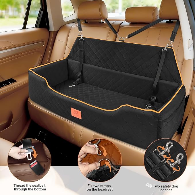 XIEEAOZEE Large Dog Car Seat for Dods Under 100 lbs, Memory Foam Dog Car Bed for Backseat & Trunk, Detachable and Washable Cover, Pet Travel Seat with Storage Pockets, 2 Safety Belts - Image 3