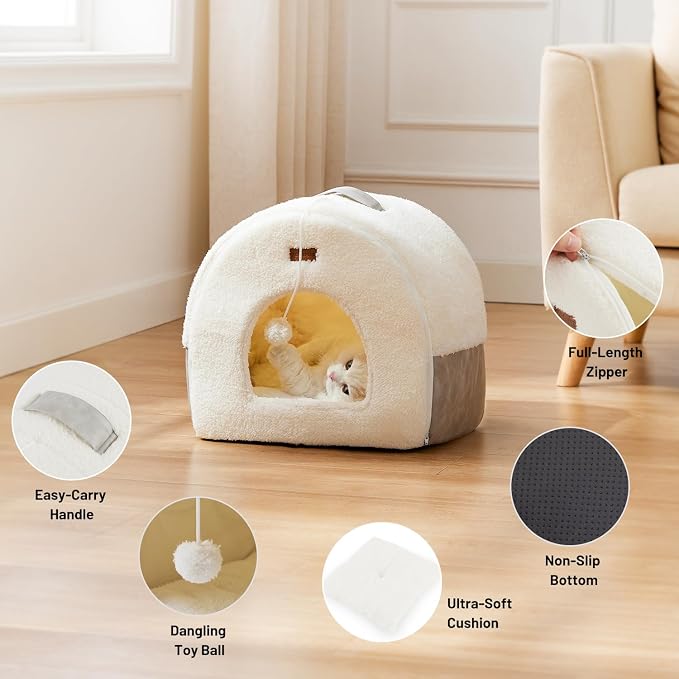 ZOMISIA 2in1 Cat Bed for Indoor Cats Foldable Pet cave with Washable Pillow | 15 inch, Enclosed Cat Hideaway with Non-Slip Bottom, Cozy Cat Tent for Anxious Kitten, Easy to Assemble, with Fluffy Ball - Image 4
