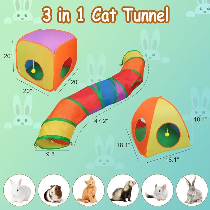 Rypet Cat Toy Tunnel and Cubes Bundle, Play Tubes for Indoor Cats,Rainbow | 3-in-1 Tunnel Cubes Tent, Crinkle Tube for Play, DIY Shapes, Ball and Bell for Play, Tear-Resistant Polyester, Folds Flat - Image 2