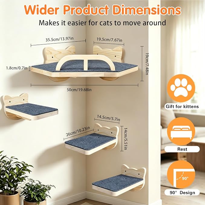 with 3 Climbing Steps Natural Wood Corner Cat Wall Shelves | Wall Mounted Indoor Catio Activity Lounge - Image 2