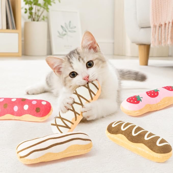 MALLMALL6 Eclair Catnip Toys for Cat - 5Pcs Chocolate Strawberry Dessert Catmint Interactive Toy Gift for Indoor Kitty, Biting Chew Kick Cats Supplies, Soft French Pastry Pet Present for Kitten Lover - Image 4