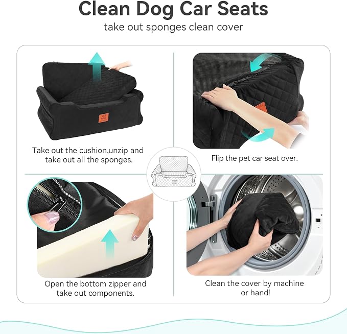 XIEEAOZEE Dog Car Seat for Large/Medium Dogs Up to 55 Lbs, Soft Fabric Car Dog Bed Filling Memory Foam, Removable and Washable Pet Booster Carseat with 2 Safety Leashes, Thick Cushion (Black) - Image 6