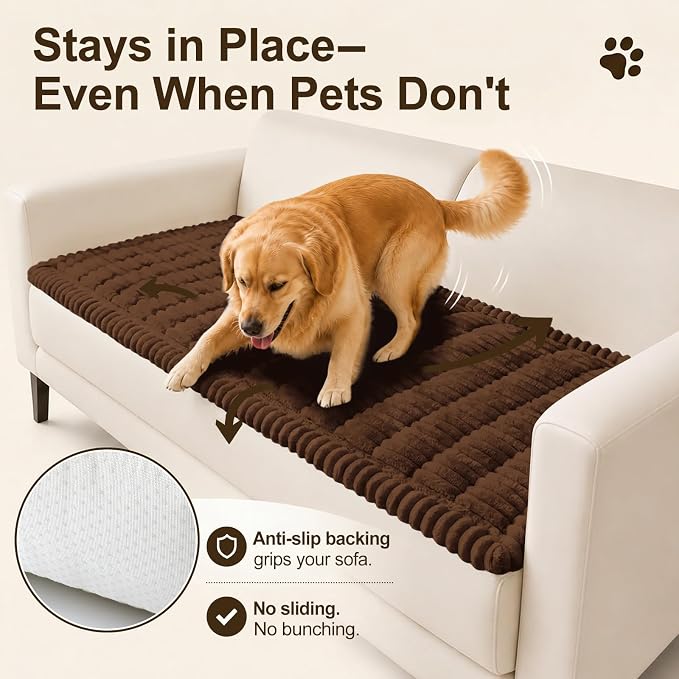 decorUhome Couch Cover for Dogs, Non Slip Fuzzy Thick Pet Sofa Protector | Pet Friendly, Machine Washable, Fits 4-Cushion Sofa, Protects Against Pet Hair, Scratches & Daily Messes, Brown, 27.6" x 88" - Image 3