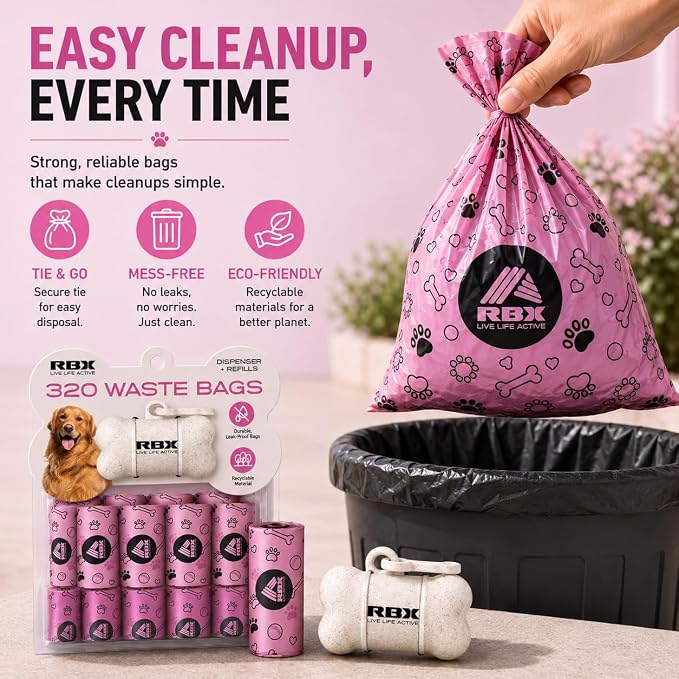 RBX Dog Poop Bags with Leash Holder, 320 Bags, 16 Refill Rolls | Clip-On Dispenser, Durable Leak-Proof, Recyclable Material - Image 5