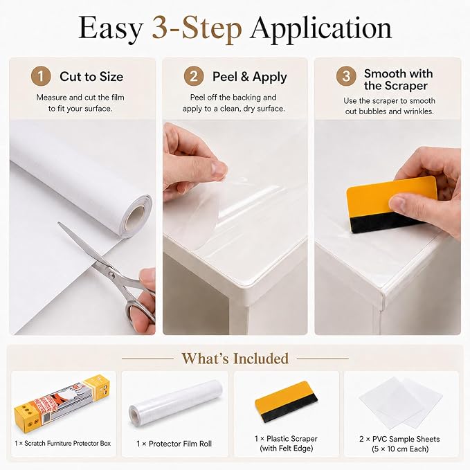 Cat Scratch Furniture Protector, 17 x 200 Inch Clear PVC Roll | 0.12 mm self-adhesive PVC with 2 test patches and a felt-edge squeegee for compatible smooth furniture surfaces - Image 4