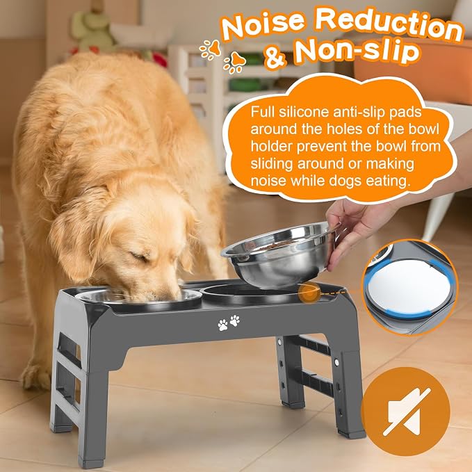 Elevated Bowls, 4 Height Adjustable Raised Stand with 2 Thick 50oz Stainless Steel Food Bowls, Non-Slip Feeder for Large Medium Dogs, Adjusts to 3.7", 9.2", 10.75", 12.36" Grey (Pack of 2) - Image 6