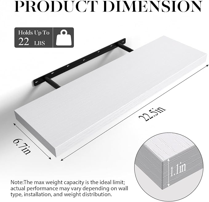 BAYKA White Floating Shelves 22.5in, Set of 2, Wall Mounted for Wall Decor | Easy Install, 22lbs Max Load, Hidden Bracket, Shelving for Bathroom Bedroom Kitchen Office Storage, Multi-Wall Compatible - Image 3