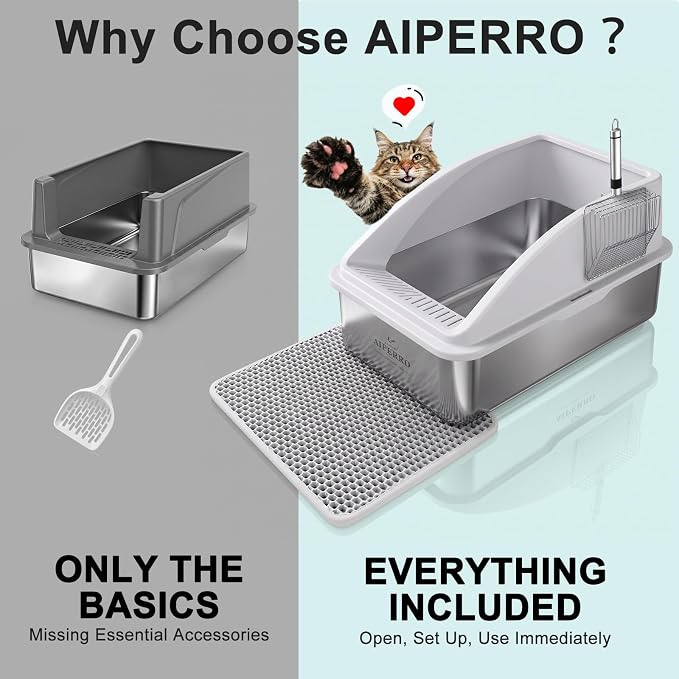 AIPERRO Stainless Steel Litter Box | XL Enclosed Cat Litter Boxes with Lid | High Sided Metal Litter Box for Big Cats | Anti-Urine Leakage | Non-Stick & Easy to Clean | Includes Litter Mat & Metal Scoop - Image 3