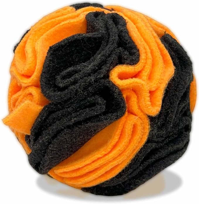 Glory To Dog Puppy/Small Breed Snuffle Dog Puzzle Ball Toy Orange and Black | Halloween Interactive fleece snuffleball hides treats at variable depths. Puzzle engages smell & foraging. Machine wash 4" by GloryToDog