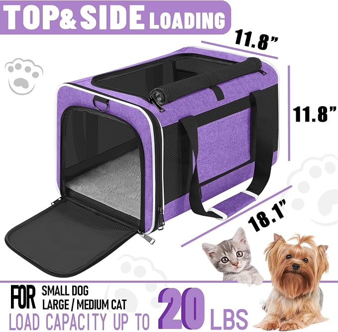 GAPZER Large Cat Carrier Soft, Collapsible Travel Pet Carry Bag, Small Dogs | Large Cats up to 20 lbs+ Maine Coon, Top Load Transport Small Puppy Dog Crate, Chihuahua Mini Dog 10lbs, Sturdy Fabric Pueple - Image 2