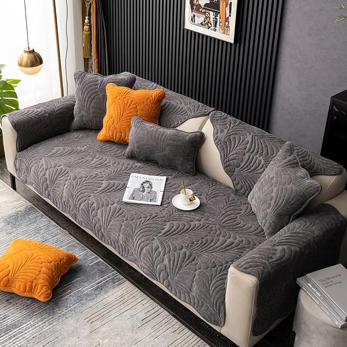 Couch Covers Plush Quilted Sofa Covers for Sectional Sofa Washable | Palm Leaves Couch Cover Chenille Non Slip Sofa Covers Soft Sofa Slipcover Furniture Protector for Pets Kids Children Dogs Cat - Image 4