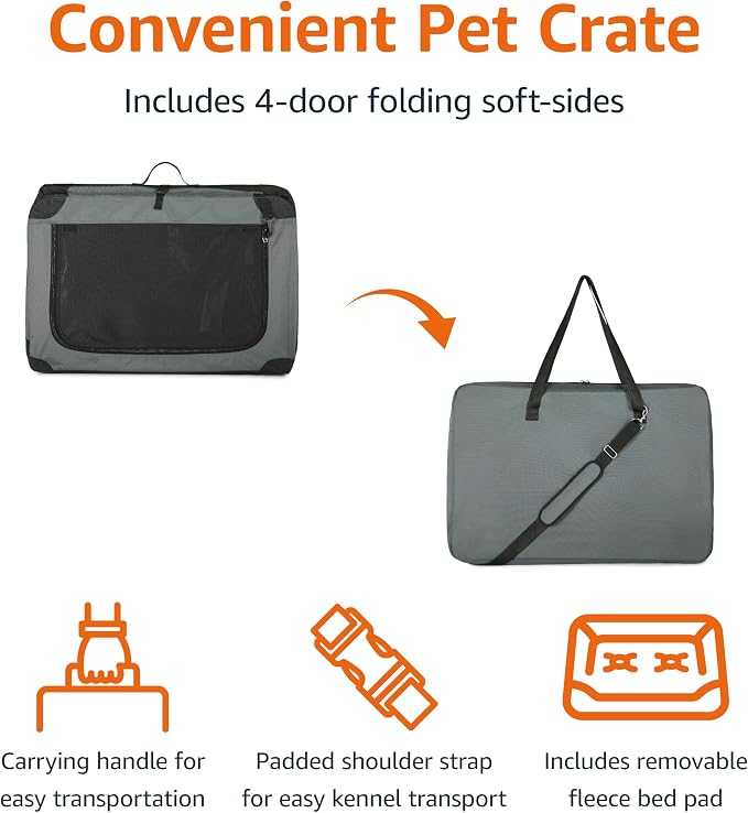 Amazon Basics 4-Door Portable Folding Soft Dog Crate, Collapsible Travel Kennel for Cat, Dog, and Other Small Animals, Pop Up with Easy Transportation, Grey, M 30" x 21" x 21" - Image 3