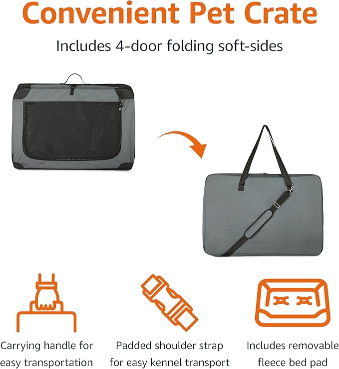 Amazon Basics 4-Door Portable Folding Soft Dog Crate, Collapsible Travel Kennel for Cat, Dog, and Small Animals, Pop Up with Fleece Mat, Water-Resistant Base, Grey, 36" x 24" x 24" - Image 3