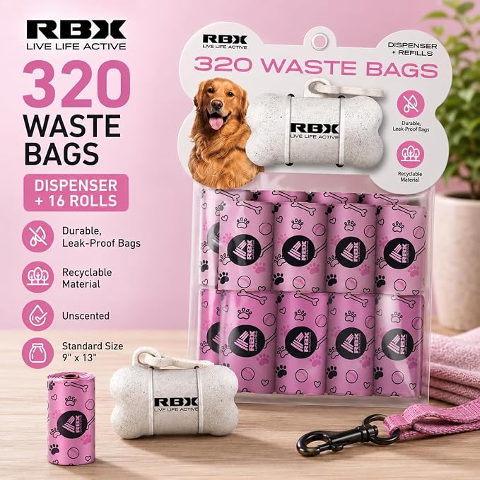 RBX Dog Poop Bags with Leash Holder, 320 Bags, 16 Refill Rolls | Clip-On Dispenser, Durable Leak-Proof, Recyclable Material - Image 2