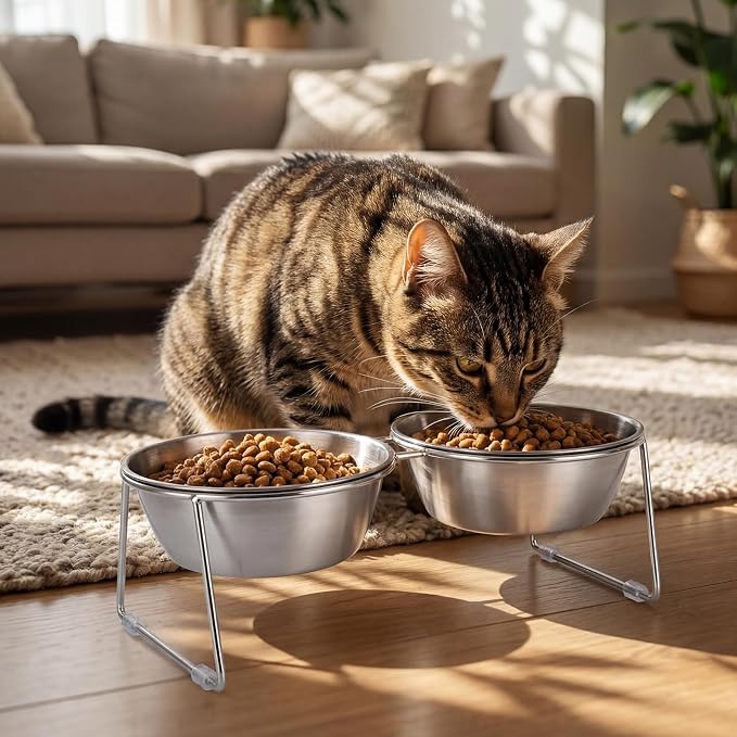 2 Set Elevated Cat Bowls 4.53'' Height Raised Stainless Steel Cat Food Bowls Anti-Slip 15° Tilted Stand Shallow Food and Water Dishes for Kitty and Small Puppy (Double Bowl) - Image 2