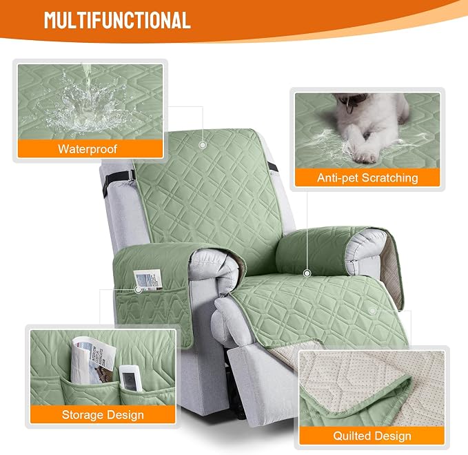 VANSOFY 100% Waterproof Recliner Chair Covers Washable, Light Green, 23.6" | Non-Slip, Slipcover with Pocket, Furniture Protector, Elastic Straps, Chair Cover for Pets, Dogs - Image 7