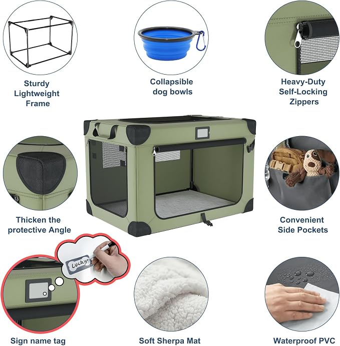 36 Inch Soft Collapsible Dog Crate Green with Waterproof and Easy to Clean | Chew-Proof Mesh Window,Sturdy Frame,Soft Blanket and Foldable Bowl,Waterproof,Portable for Camping,Signature Card,Storage Bag - Image 4