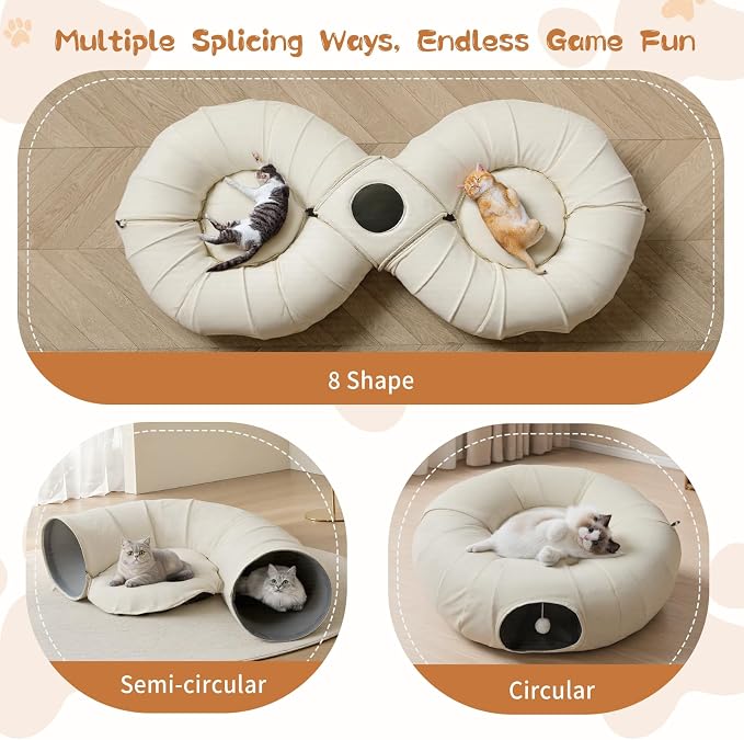 Pawaboo 2-in-1 Cat Tunnel Bed, 8-Shaped Cat Tunnels, Beige | Foldable Cats Cave Hideout Kitty Toys with Fluffy Balls, Donut Tunnel for Kitten Rabbit Ferret - Image 2